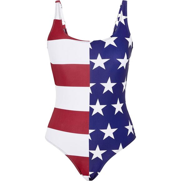 Womens 2XL American Flag Tummy Control Thin Strap One Piece Swimsuit Sim Suit - Picture 2 of 5